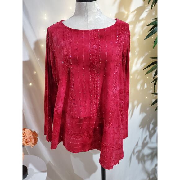 Avenue Tops - Avenue Sequin Tie Dye Asymmetrical Tunic Blouse Womens Size 18/20 Red Fairy Boho